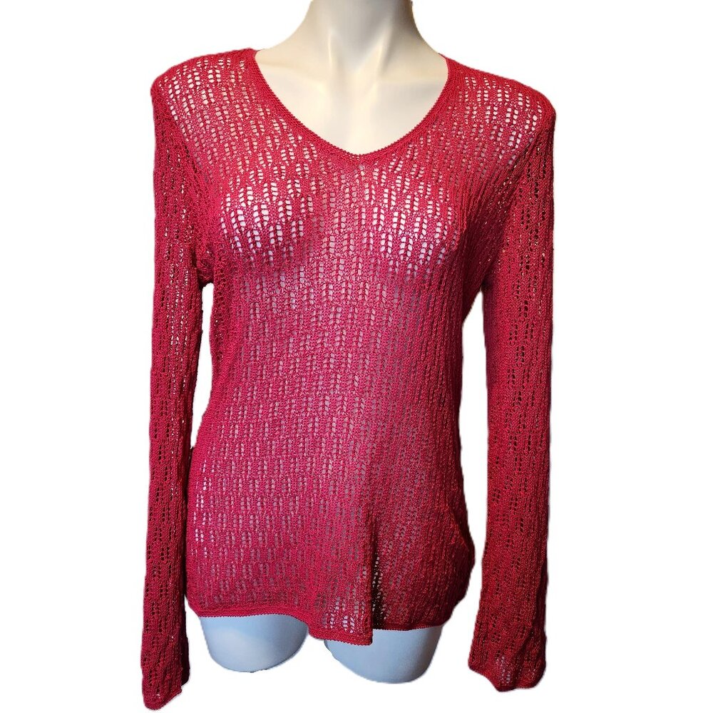 Liz Claiborne knit top Women's large long-sleeve crochet hot pink stretch fitted